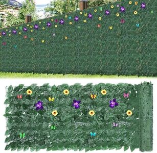 60 PCS Artificial Ivy Privacy Fence Screen, 16.5"X12.5" Inch Artificial Hedges Fence Faux Ivy Scindapsus Aureus Leaves Decoration with Flowers & Butterflies for Outdoor Decor, Garden, Yard, Balcony