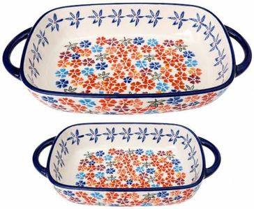 Polish Pottery Style Ceramic Baking Dish Set, 2-Piece Casserole Bakers for 2–3 People, Floral Decorative Bakeware, Oven Safe Lasagna Pan, Microwave Dishwasher Safe, Gift-Ready, Protective Packaging