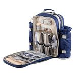 Greenfield Collection 4 Person Cooler Bag Picnic Set Rucksack; Lightweight Picnic Backpack Hamper; Includes Cutlery Set; Perfect Waterproof Coolbag Backpack for Camping/BBQ/Hiking- Blue