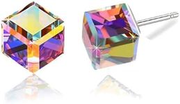 Cube Austrian Crystal Drop Stud Earrings for Women Fashion S925 Sterling Silver Hypoallergenic Jewelry (Rainbow)