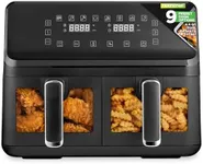 Nutrichef Double Basket Air Fryer 8.8 QT | Family Size Oil Free Airfryer with Transparent Window | 9-1 Preset Cooking Options | 360° Hot Air Circulation Technology | 4.4 QTs per Basket | Black