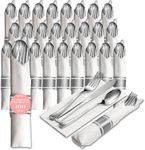25 Pre Rolled Silver Plastic Silverware - 100pc Set, Service for 25 - Wrapped Disposable Silverware Set with Forks, Knives, Spoons, White Napkins - Fancy Decorative Flatware for Dinner, Party, Wedding