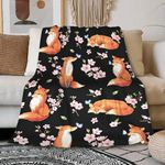 Fox Blanket Cherry Blossom Blanket Cozy Soft Lightweight Flannel Throw Fox Cherry Blossom Decor Gifts for Girls 40"x50"