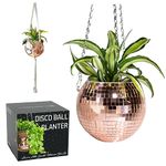 SCANDINORDICA Disco Ball Planter – Disco Ball Plant Hanger, Mirror Disco Glitter Planter with Chain and Macrame Rope, Boho Hanging Planter | Disco Ball Decor – 15 cm (6“) Rose Gold