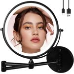 9" Large Black Wall Mount Magnifying Mirror with Light, Rechargeable Lighted Makeup Vanity Mirror Wall Mounted Swing Arm, 10X/1X Magnifying Vanity Mirror for Bathroom 360° Double Sided