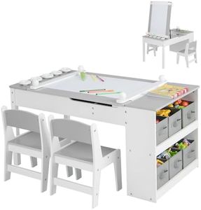 Costzon 2 in 1 Kids Table and Chair Set, Wood Art Table & Easel Set w/ 2 Chairs, 6 Storage Bins, Paper Roller, Paint Cups for Draw, Write, Play, Arts & Crafts, Toddler Table and Chair Set (Gray)