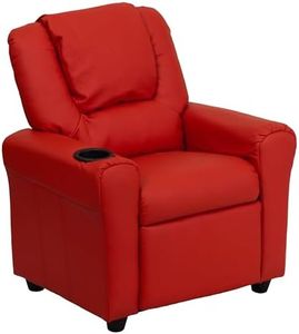 Flash Furniture Vana Vinyl Kids Recliner with Cup Holder, Headrest, and Safety Recline, Contemporary Reclining Chair for Kids, Supports up to 90 lbs., Red