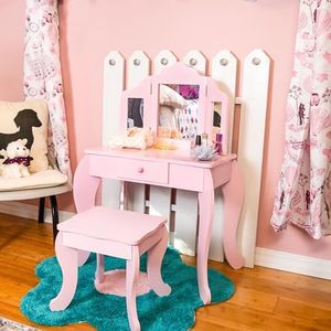 Sunnydaze Beauty Bliss Wooden Pretend Play Vanity Set for Little Girls - Kids' Vanity Desk with Mirror, Drawer, and Stool - Pink