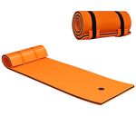 GYMAX Large Floating Water Pad, 3-Layer XPE Foam Floating Raft Mat with Rolling Pillow Design and Fixing Strap, Roll-Up Swimming Foam Mattress for Pool, River, Lake & Ocean (210 x 66 x 3.5cm, Orange)