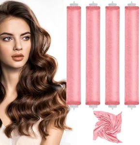 Heatless Curlers, Heatless Curls Overnight Set for Women, Soft Hair Curlers to Sleep In, Jumbo No Heat Hair Curlers Set with Headscarf and Hook for Long Hair (Pink, 4 Packs)
