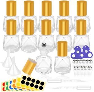 Yauhar 12Pcs 8ml/0.27oz Travel Essential Oil Roll On Bottle with Stainless Steel Ball Gold Cap Set Contains Polygonal Clear Glass Roller Bottle, Openers, Droppers, Funnels and Labels