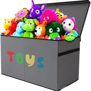 YOLOXO Toy Box Chest, Collapsible Sturdy Storage Bins with Lids, Extra Large Kids Toy Storage Organizer Boxes Bins Baskets for Kids, Boys, Girls, Nursery Room, Playroom, Closet (A-TBX-GRAY-MULTI)