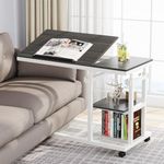 Tribesigns Height Adjustable C Table with Wheels, Mobile Couch Snack Side Table with Tiltable Drawing Board, Sofa Bedside Laptop Stand C Shaped TV Tray with Storage Shelves (Grey+White)