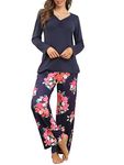 Famulily Winter Women's Pyjama Sets V-Neck Soft Cozy Winter Pjs Set Cotton Long Sleeve Sleepwear with Pockets Navy XXL