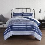 SERTA Simply Clean Billy Soft Modern 3 Piece Jersey Striped Comforter Set with Pillow Case for All Season, Full/Queen, Blue