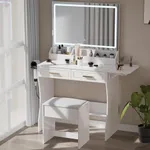 Homesflex Modern White Makeup Vanity Desk with Adjustable Lights, Mirror, and Storage - Complete Vanity Set with Drawers, Shelves, and Stool