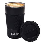 SUNTQ Reusable Coffee Cups Travel 510ml Coffee Travel Mug with Leakproof Lid - Thermal Mug Insulated Cup - Stainless Steel Travel Cup with Rubber Grip for Hot and Cold Drinks Black