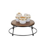 NUPTIO Cake Stand Cupcake Wooden: 21cm Display Holder Afternoon Tea Pedestal Round with Black Metal Frame Dessert Riser Table Counter Sweet for Wedding Christmas Birthday Party