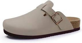 KIDMI Women's Cork Footbed Clogs Leather Mules Comfort Potato Shoes with Arch Support, Stone, Size 7.5-8