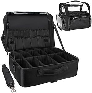 Relavel Extra Large Makeup Case Travel Makeup Train Case Professional Makeup Artist Bag Portable Nail Organizer Box Art Supply Case with Adjustable Dividers and Shoulder Straps, pro black and clear