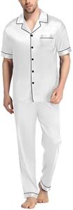 Domigard Men's Silk Pajama Set Short Sleeve Classic Sleepwear Button Down Loungewear Set with Long Pants Pijamas Para Hombres, White, X-Large