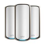 NETGEAR Orbi 970 Series Quad-Band WiFi 7 Mesh Network System (RBE973S), Router + 2 Satellite Extenders, Security Features, Up to 27Gbps, Covers Up To 8,200 sq. ft., 200 Devices, 10 Gig Internet Port