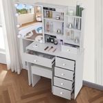 Vanrste Vanity Desk with Mirror & Light, Makeup Table with Storage Drawers and Stool, Multiple Shelves, Vanity for Bedroom, Makeup Room, White