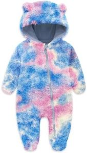 Jimonda Baby Tie Dye Snowsuit Winter Fleece Jumpsuit 0-18 Months, 100% Polyster Hooded Clothes with Bear Ears, Warm Footed Soft Outerwear for Infant Boys Girls(Blue,6-9 Months