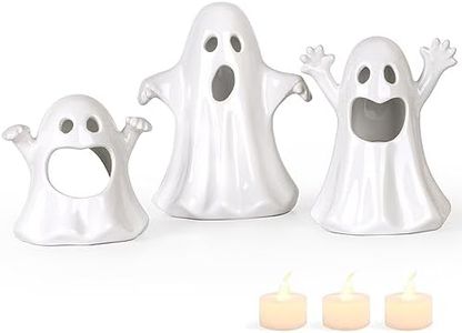 Sunlit Ceramic Ghost with 3 Tea Lights, Spooky Candle Holder Set of 3, Tabletop Indoor Halloween Decorations for Holiday Party Home, Spooky Sculptures Ghost Figurines, White