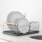 Navaris Dish Rack - Compact Drying Kitchen Board with Drip Tray & Cutlery Holder - Easy to Assemble and Clean Dishes - Sink Drainer Rack - Silver with Wooden Handles