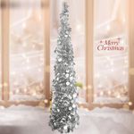 5ft/1.5M Collapsible Christmas Tinsel Tree Pop Up Artificial Xmas Tree with Easy Assembly Stand for Holiday Xmas Decorations, Home Display, Office Decor Indoor Outdoor