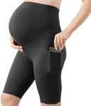 GroYolan Maternity Biker Shorts over The Belly, Athletic Shorts with Pockets,Mesh Pregnancy Activewear Workout Yoga(Black)