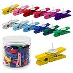 Belle Vous 70 Pack Wooden Multicolour Peg Clips with Push Pin Thumbtacks - Colourful Pushpin Craft Clothespin Tacks for Wall Cork Boards, Paper Notes, Photos, Projects, Decorative Crafts and Drawing