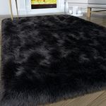 Faux Fur Area Rug, Black Fluffy Rugs for Bedroom Living Room, 4'x6' Soft Shaggy Fuzzy Rug for Nursery, Indoor Plush Floor Carpets for Kids Girls Boys Teen Dorm, Cute Home Decor, Rectangle