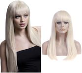 SARLA Women's Long Straight White Blonde Wig with Bangs Synthetic Hair for Cosplay Party Halloween Costume 25 Inch Adult Size