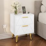 YITAHOME Bedside Table with 2 Drawers and Power Station, Modern Nightstand End Table with Gold Metal Legs and Handles, Storage Side Table for Living Room, Bedroom, 40x30x52cm (White)