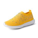 GOSPT Women's Mesh Walking Shoes Rhinestone Glitter Slip On Ballroom Jazz Latin Dance Sock Sneakers Yellow 6.5