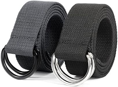 JASGOOD Mens Black Canvas Belts with Black D Ring 1 1/2" Wide Solid Color Extra Long Webbing Belts 2 Pack (Black/Gray,Fit Waist Size 28-32 inch)