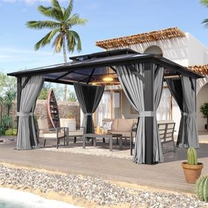 Aoxun 12'x14' Hardtop Gazebo, Metal Frame Permanent Pavilion with Curtains and Netting, Outdoor Polycarbonate Double Roof Canopy, Designed for Garden, Lawns, Patio, Gray