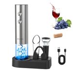 CIRCLE JOY 5-in-1 Electric Wine Opener Set, Stainless Steel Rechargeable Wine Corkscrew with Storage Base for Home Use/Gift, Foil Cutter, Wine Pourer, Vacuum Stoppers, Silver