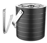 E-EZRA Double Wall Chrome Finish Insulated Stainless Steel Ice Bucket with Ice Tong 1750ml (Black)