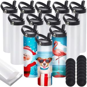 12 Pack Sublimation Tumblers Flat Edge Blanks Skinny Straight 20 oz, Stainless Steel Double Wall Insulated Sublimation Water Bottles with Portable Handle & Straw Lids for Heat Transfer, White