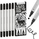 ARTISTRO 5 Black Acrylic Paint Pens, Acrylic Paint Markers Dual Tip (Fine 1mm + Dot 5mm), Acrylic Markers for Fabric, Canvas, Rock, Glass, Wood, Paper, DYI, Painting Kit Markers for Kids and Adults