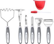 Stainless Steel Potato Masher & Peeler Set (6PCS Set - Gray) - Includes Potato Masher, Wire Masher, Multi-purpose Peelers, Comfortable Grip Design For Kitchen, Free Silicone Brush and Oven Mitt