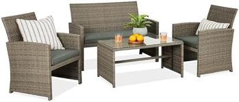 Best Choice Products 4-Piece Outdoor Wicker Patio Conversation Furniture Set for Backyard w/Coffee Table, Seat Cushions - Taupe/Slate Green
