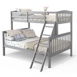 KOMFOTT Twin Over Full Bunk Bed, Solid Rubber Wood Frame Bunk Bed with Ladder & Upper-Level Guardrails, Convertible into 2 Individual Beds for Adults, Teens, Kids, No Box Spring Needed (Grey)