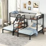 Polibi L-Shaped Twin Size Metal Triple Bunk Bed with Storage Shelves Staircase, Twin Over Twin & Twin Triple Bunk Beds, Black