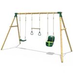 Rebo® Children's Wooden Garden Swing Set - Galaxy | OutdoorToys | Pressure Treated Timber, Soft Feel Ropes, Wooden Trapeze Bar, Sturdy Construction for Kids