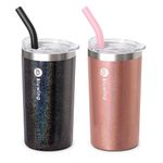 Bluwing 12 oz Water Tumbler with Straw Double Wall Insulated Coffee Tumbler with Leak Proof Lid, Sweat-Free (Glitter Black/Glitter Rosegold)