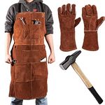 Leather Welding Work Shop Apron with Tool Pockets Adjustable Heat Flame Resistant & Welding Gloves Leather Forge/Mig/Stick/Tig/Heat/Fire Resistant & Blacksmiths Hammer Blacksmith Tools Set